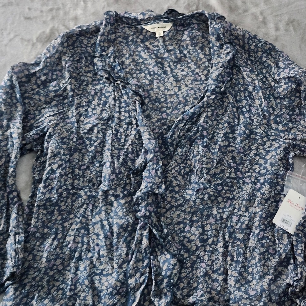 Lucky Brand Women XL Sheer‎ Peasant Blouse Ruffle Button Up Blue Floral NEW - Picture 3 of 16